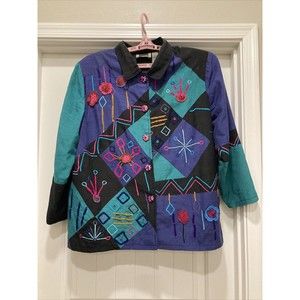 Vintage Maggie Barnes Artsy Boho Jacket Emboridered Crochet Flowers SZ 24W